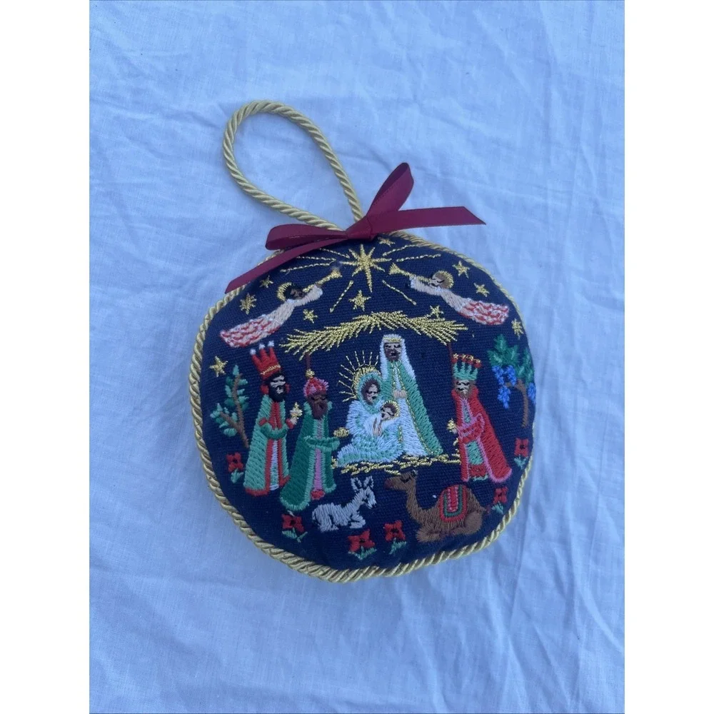 Rifle Paper Co Nativity Scene Embroidered Christmas Ornament Blue Hanging Small